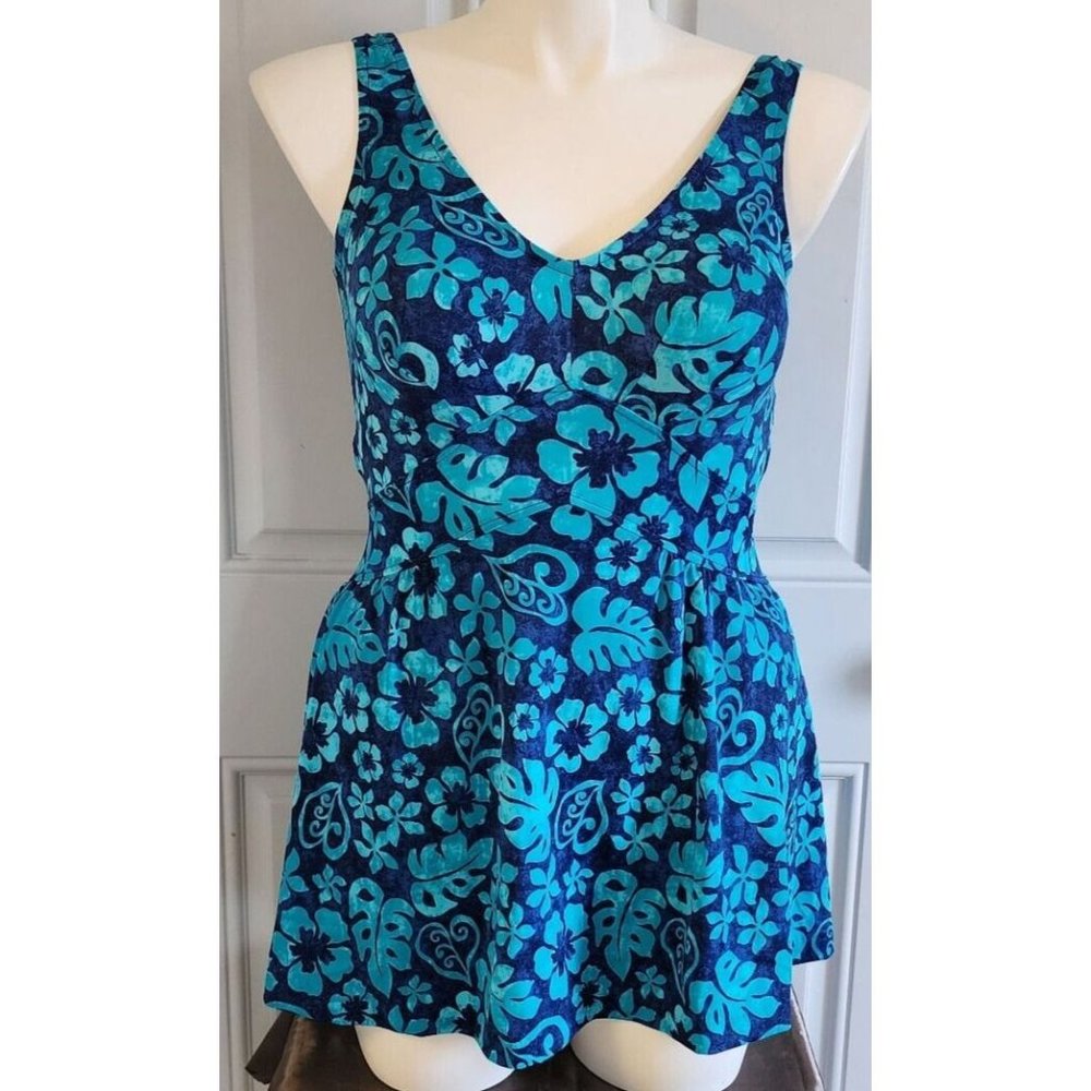 Maxine Of Hollywood‎ V Neck High Waisted Skirt One Piece Swimsuit Blue Floral 12
